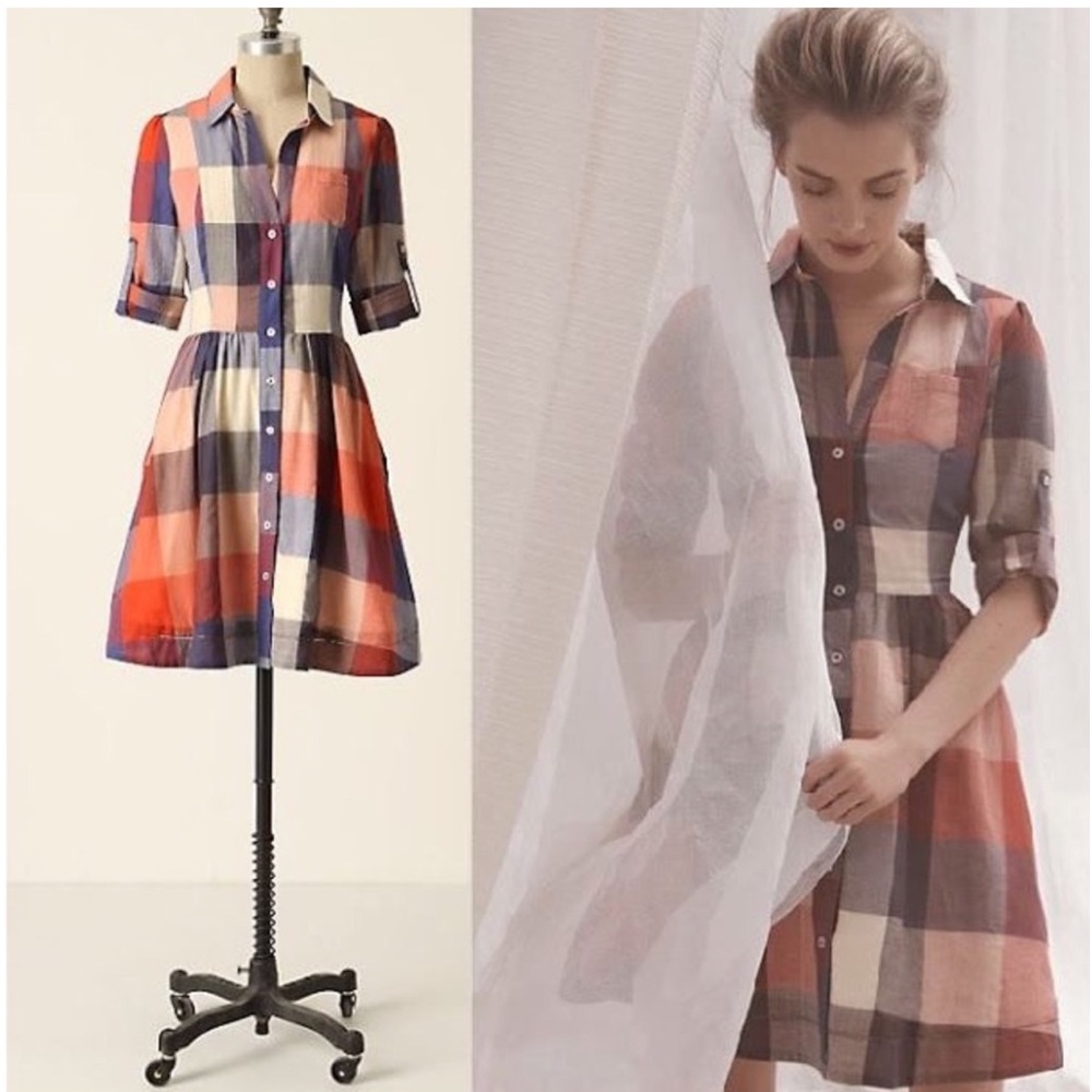 Anthropologie Moulinette Soeurs Women’s Reed Plaid Shirt Dress Fit Flare Cotton